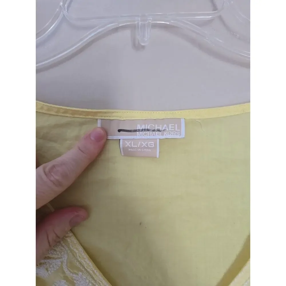 Michael Kors Yellow Embroidered V-Neck Tie Front 3/4 Sleeve Boho Top Womans XL‎